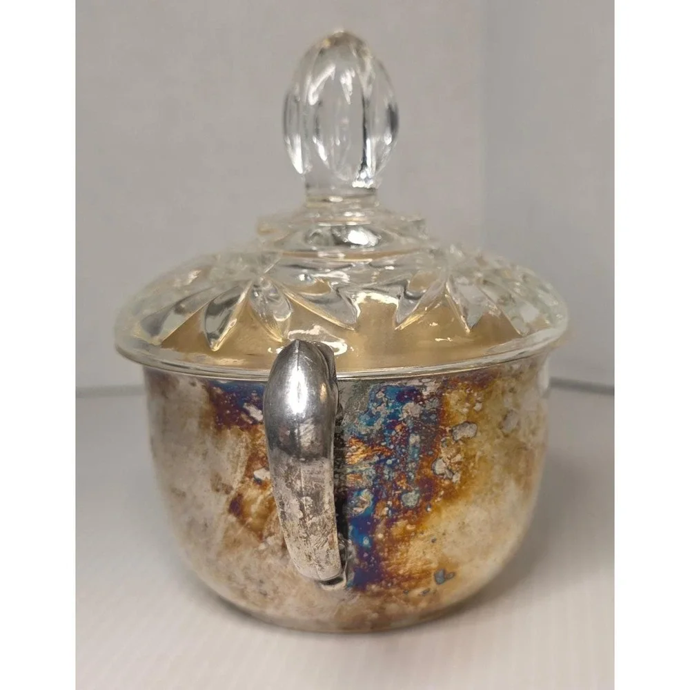 Sheridan Sugar Bowl OS Silver Fair Vintage Silver Plated Cut Glass‎ Lid